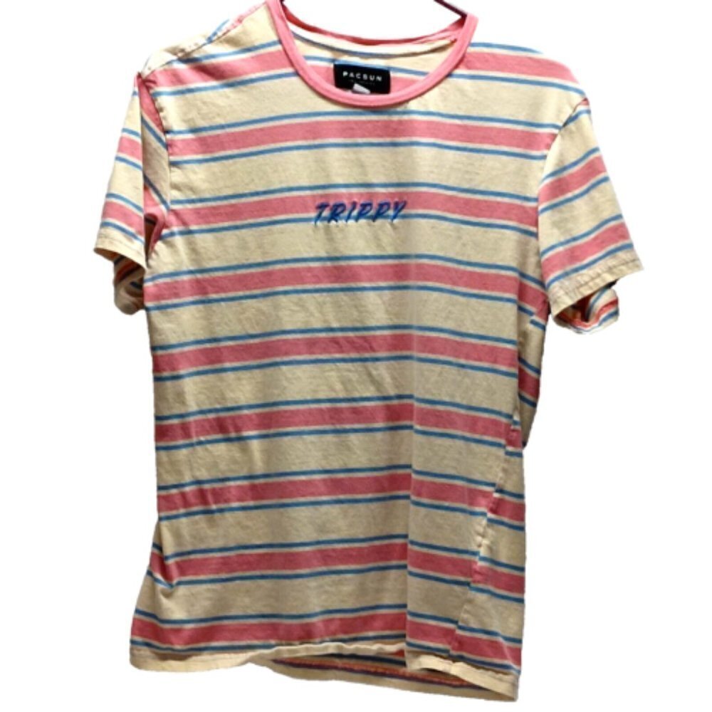 Pacsun Trippy Striped T-Shirt Coral Blue Yellow‎ Men's Size Medium